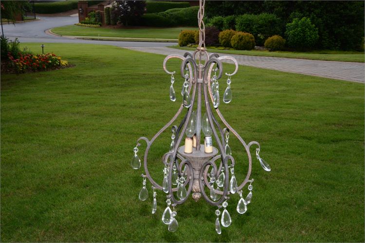 Small Scrolled Metal Chandelier with Crystal Prisims