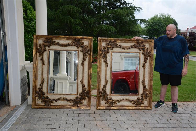 Pair Large John Richard Rectangular Painted and Gilt Rococo Wall Mirrors