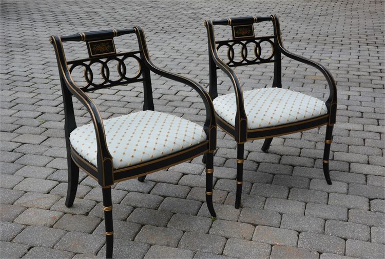 Pair Hickory Chair Company Black Lacquer Decorated Classical Style Armchairs