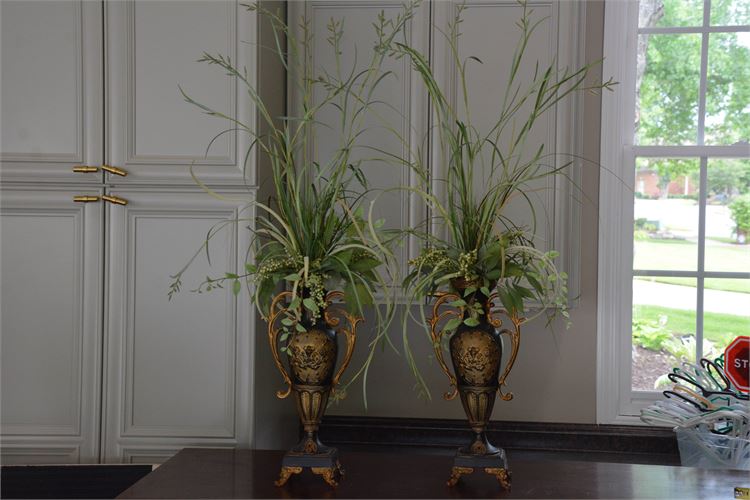 Pair Decorative Quality Classical Urns with Faux Foliage