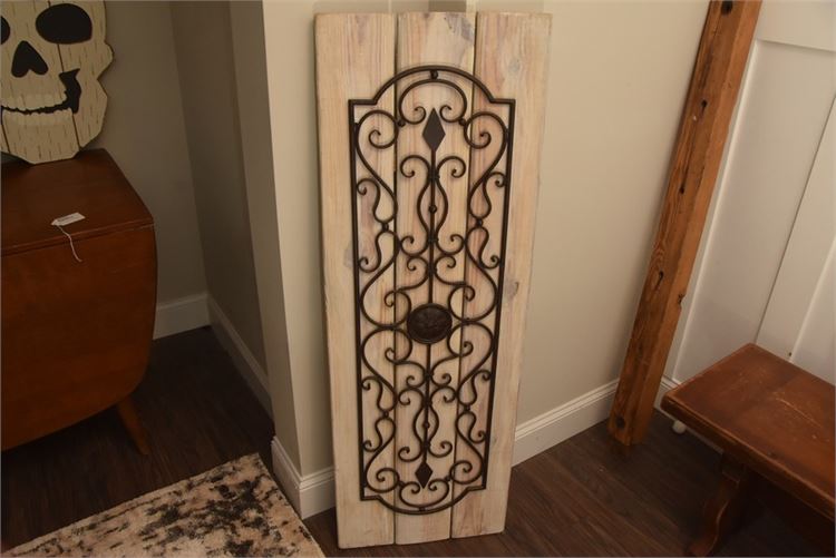 Scrolled Metal and Wood Plank Wall Hanging
