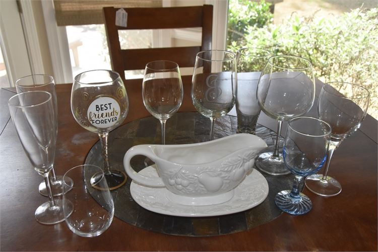 Group Misc Drinking Glasses and Gravy Boat With Underplate