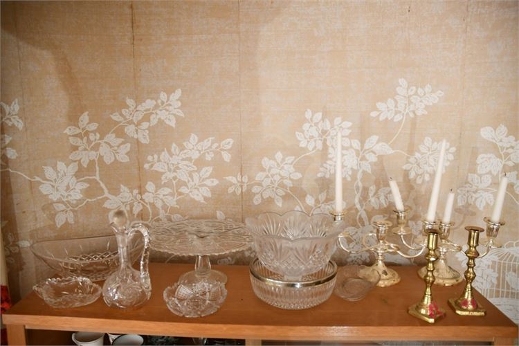Group Vintage Glass Dishes and Brass Candelabra
