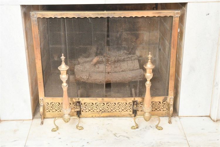 Vintage Brass Fire Screen and Andirons