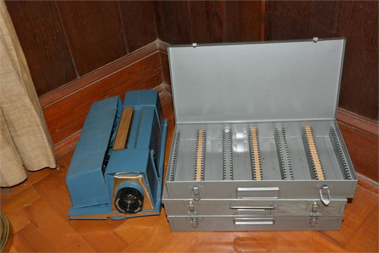 Vintage Opta-matic Opta-vue Slide Projector and Three Slide Storage Boxes