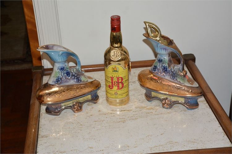 Pair Vintage Jim Beam Ornate Fruit Themed Empty Liquor Bottle Decanters