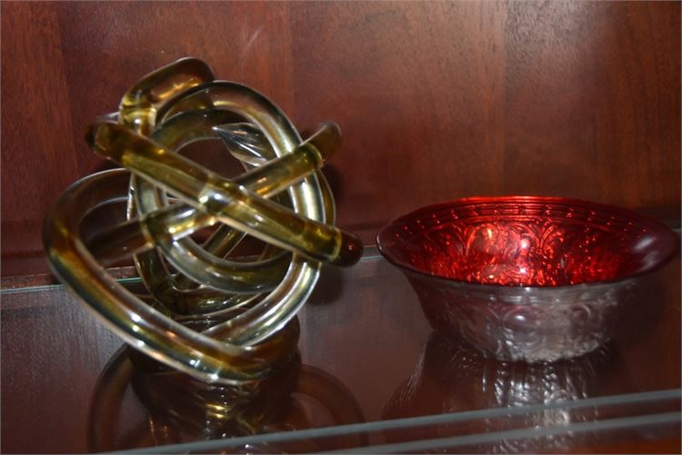 Gold Blown Italian Glass Nest Sculpture and Ruby Red Cut Glass Bowl