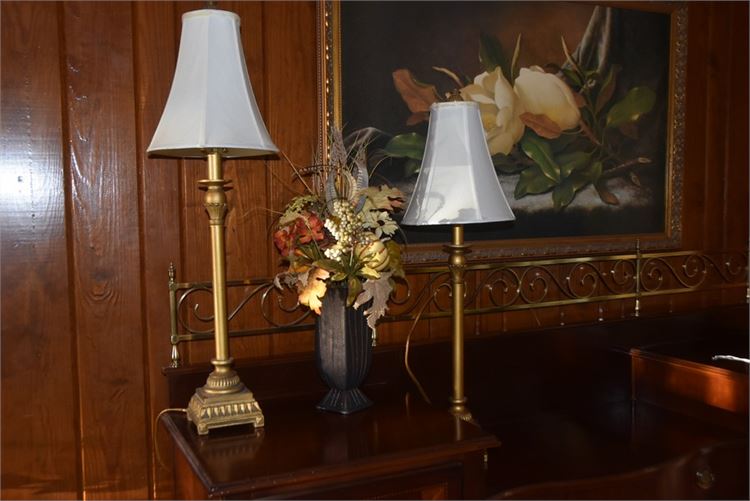 Pair Gilt Stick lamps With Shades and Faux Floral Arrangement