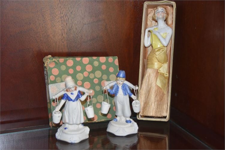 Art Deco 1930s Flapper Half Doll Crumb Brush and Vintage Water Carrier Figures