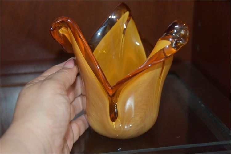 Murano White Crystal Hand Made Amber Art Glass Bowl