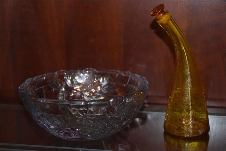 Floral Pattern Glass Bowl and Crackled Glass Decanter