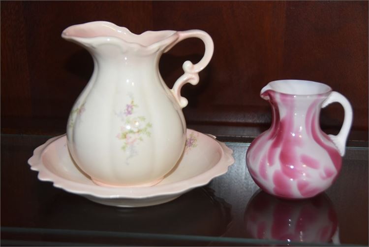 Ceramic Pitcher With Basin and Glass Pitcher