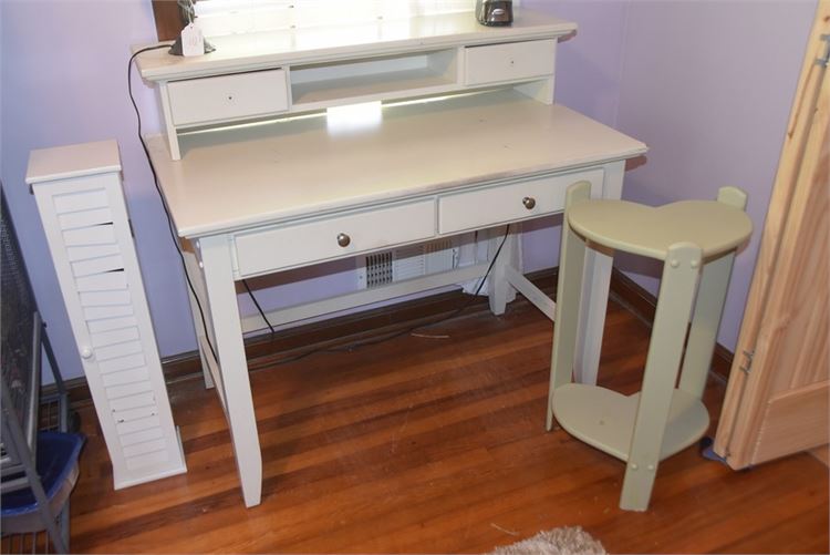 White Painted Desk and Green Heart Shape Stand
