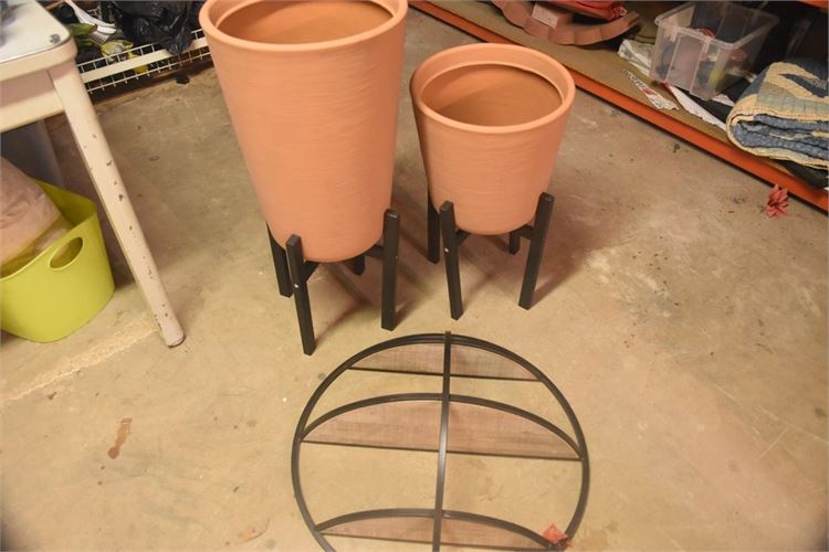 Two (2) Terracotta Planters on Stands and Wall Mounted Shelf