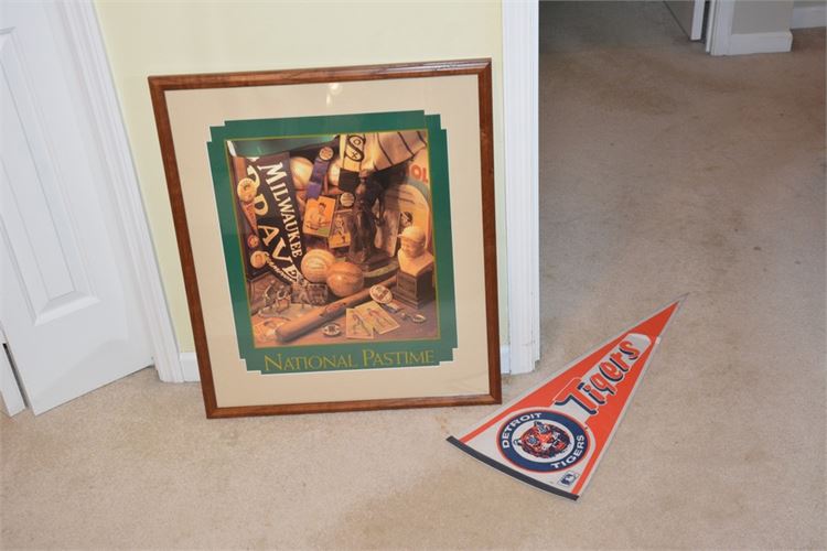 Framed Sports Themed Print and Detroit Tigers Pendant