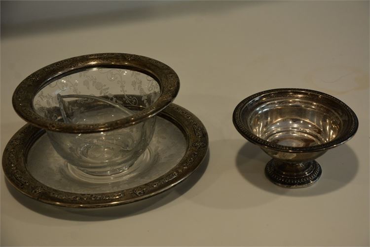 Silver Rimmed Glass Dish With Underplate and Weighted Compote