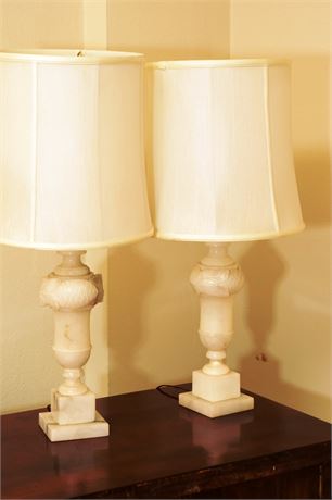 Pair of White Carved Marble Table Lamps