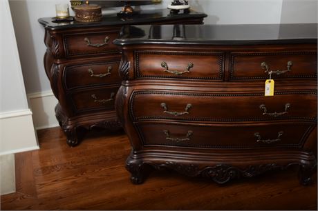 Pair Marble Top Mahogany Rococo Commodes