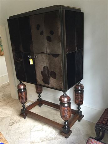 Cowhide, Wood and Metal Standing Bar Cabinet