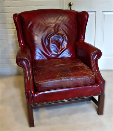 Red Leather Chippendale Style Wing Chair