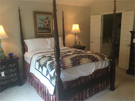 Four Poster Cherry Wood Queen-sized bed with Mattress, Box Spring and Linens