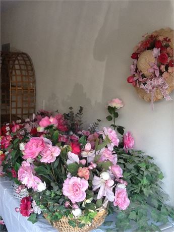 Lot of artificial flowers and baskets