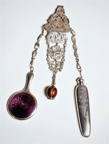 Lot 2: Silver and Guilloche Enamel Chatelaine with 3 Utensils