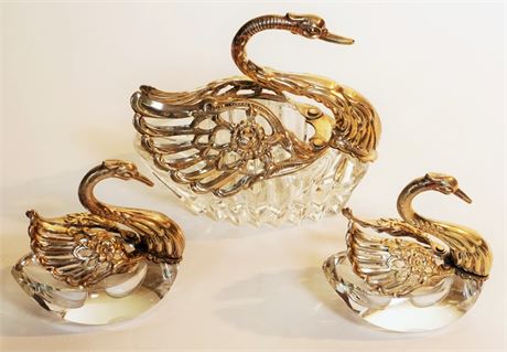 Lot 3. Three Crystal and Sterling Silver Swans