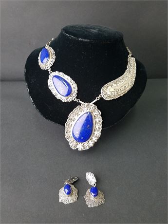 Lot 68. Dan Nieto Navajo Sterling Silver and Lapis Lazuli Necklace and Earrings