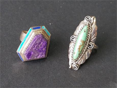 Lot 64. Two Sterling Silver, Turquoise, and Charoite Native American Rings