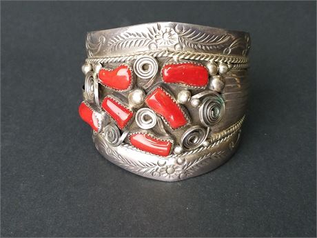 Lot 43. Navajo Sterling Silver Cuff Bracelet with Red Jasper Stones