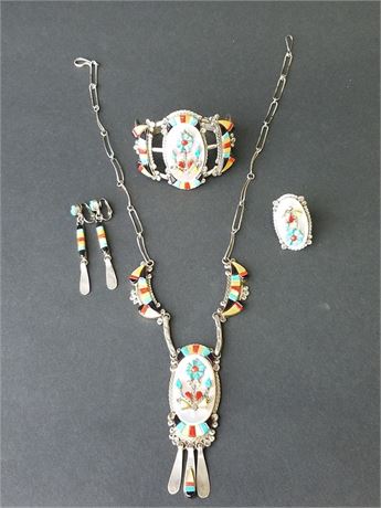 Lot 55. Five Piece Set of M.S. Simplicio Zuni Sterling Silver and Stone Jewelry