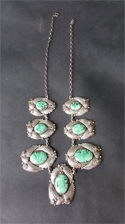 Lot. 7 Seven Panel Lime Turquoise And Sterling Silver Necklace