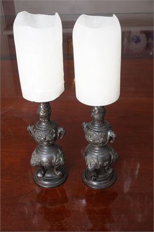 Lot 341. Pair of Cast Bronze Oriental Candlesticks