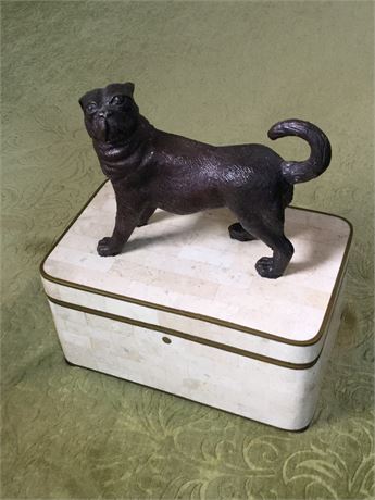 Lot 58. Small Segmented Travertine Veneer Box With Bronze Dog