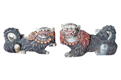 Lot 136. Matching Bookend Pair of Painted Foo Dog Carvings