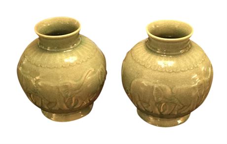 Pair Celadon Ceramic Vases