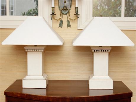 Pair Wooden Cream Painted Pedestal Lamps