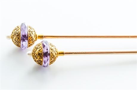 Two Exquisite Gold and Amethyst Hat Pins