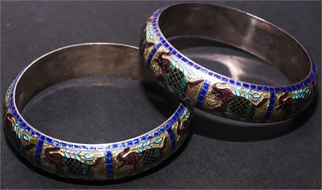 Pair of Indian Sterling and Enamel Bangle Bracelets