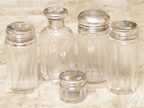 Five (5) Glass Shakers with Silverplate Tops