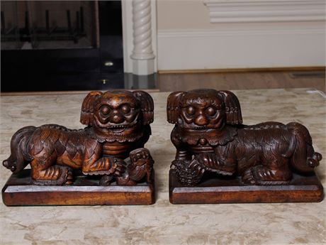 Pair Wooden Carved Chinese Foo Dogs