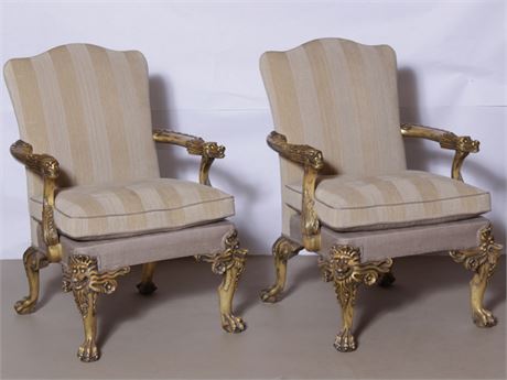 Pair Heavily Carved Georgian Style Armchairs