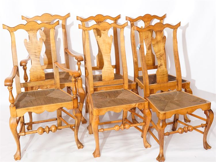 Set of Six (6) Queen Anne Style Chairs in Tiger Maple