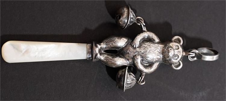 English Sterling Silver & Mother-Of-Pearl Rattle