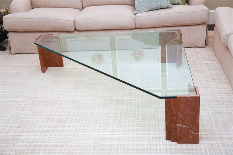 Marble and Glass Triangular Form Contemporary Coffee Table