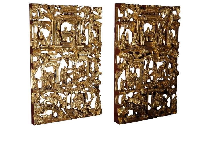 Pair Chinese Chaozhou Gilt Wood Carved Panels