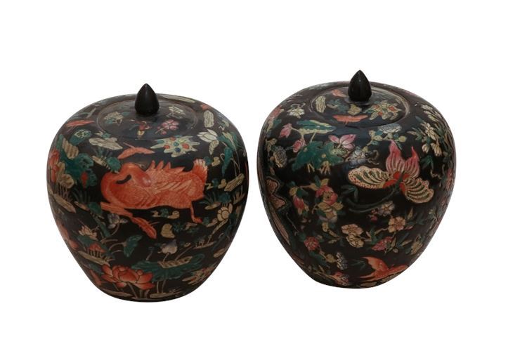 Pair of Famille Noire Chinese Porcelain Lidded Ginger Jars