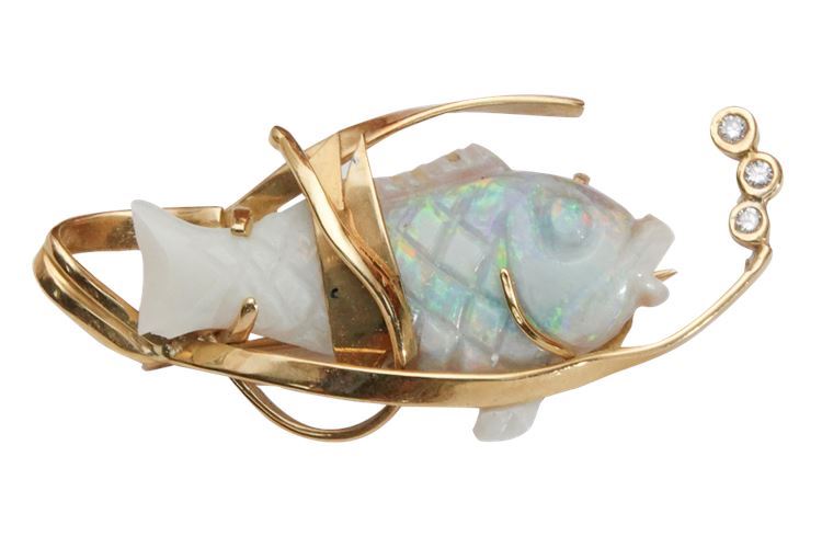 Opal , Diamond and 18 Karat Gold Fish Form Dress Pin