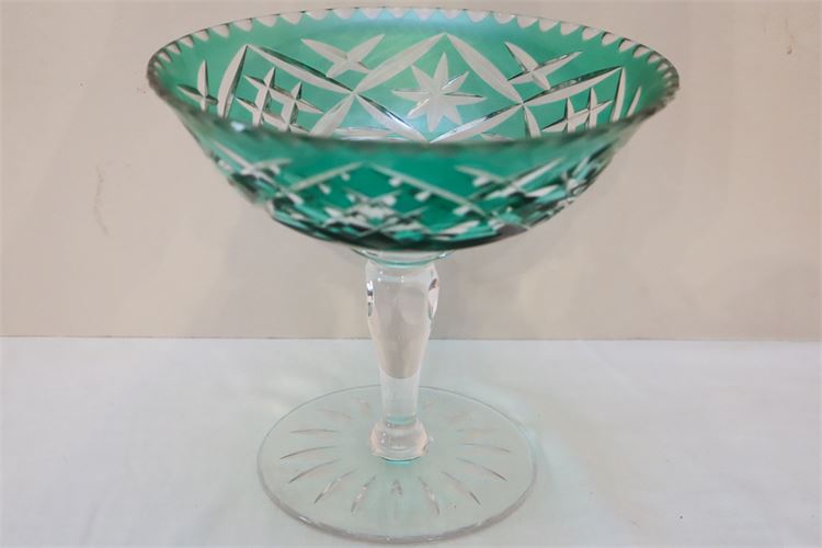 Vintage Bohemian Cut Glass Green-to-Clear Compote